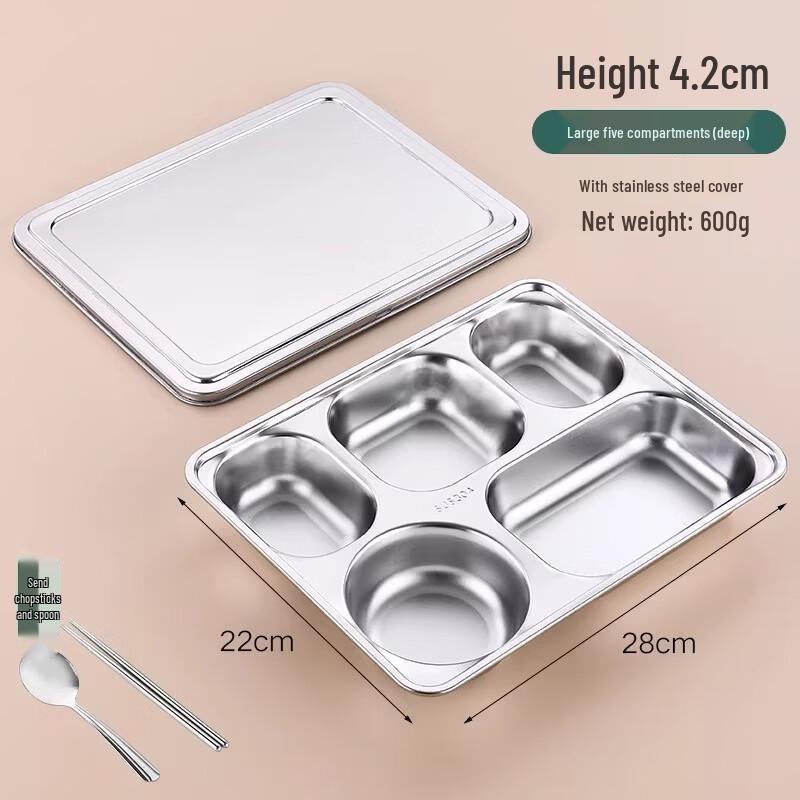 Food Grade 304 Stainless Steel 5-Compartment Lunch Tray