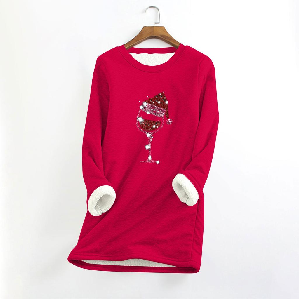 Top longo feminino com decote redondo e manga comprida, estampa de natal, grosso, pelúcia, cashmere, quente