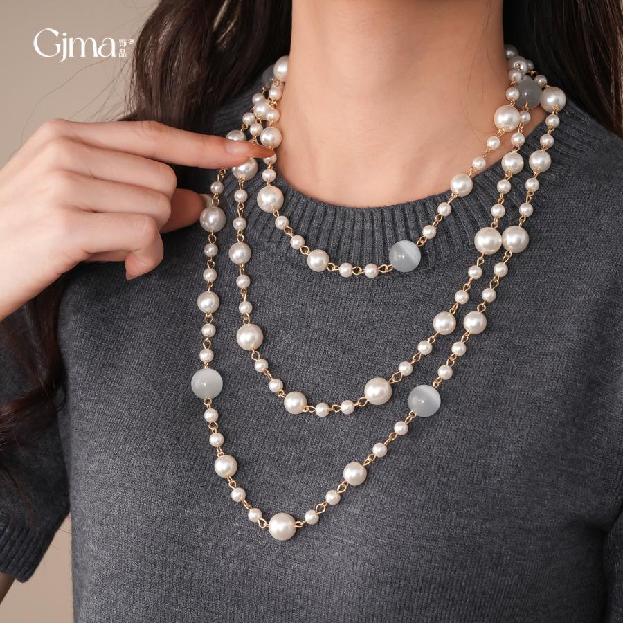 French retro tiger's eye stone beaded long pearl necklace niche sweater chain necklace women