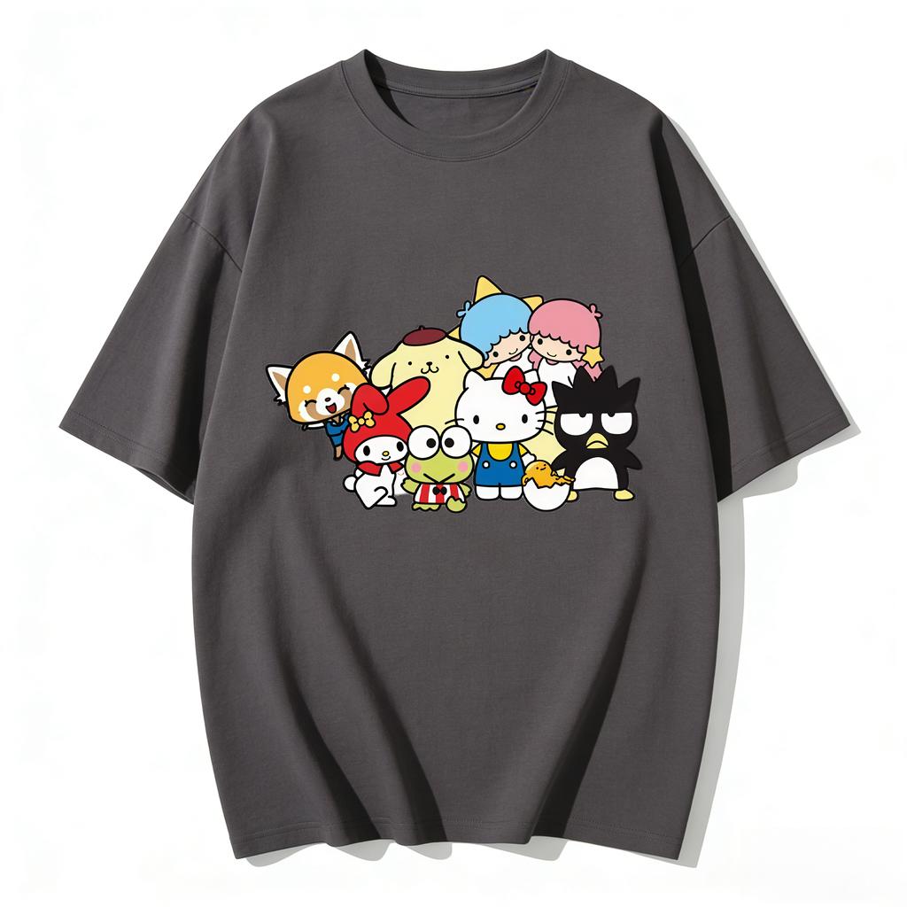 2026 New Sanrio Characters Group Cartoon Print Tshirt Family Matching Outfits Casual Short Sleeve Tee for Women Unisex Kids Tops