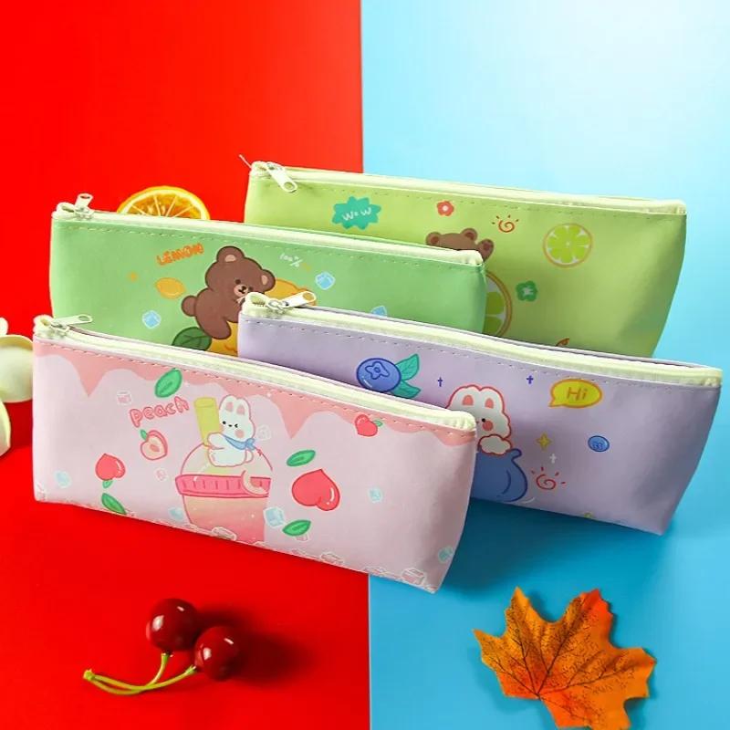 Cute Candy Color Cartoon Bear Rabbit Fruit PU Pencil Case Portable Large Capacity Stationery Storage Bag Kawaii School Supplies