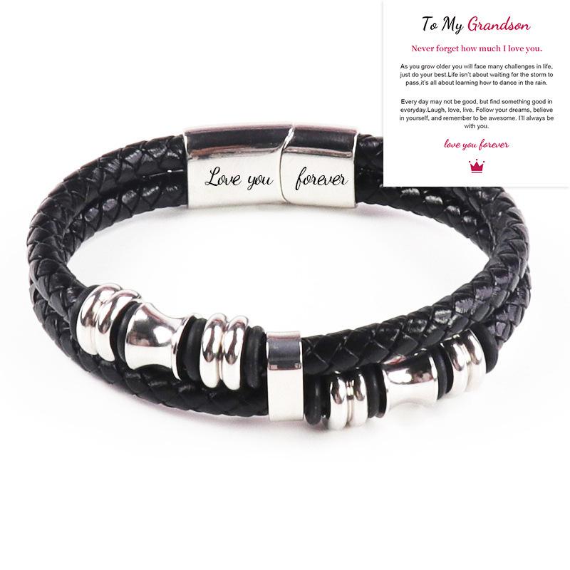 Leather rope bracelet cowhide men's double-layer stainless steel leather woven bracelet handmade multi-layer bracelet