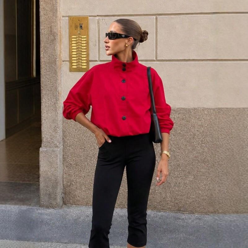 Womens Short Loose Fit Stand Collar Long Sleeve Jacket With Single Button Casual Chic Outerwear