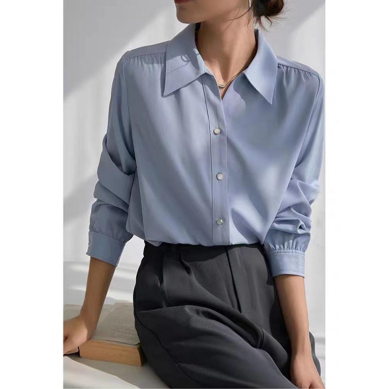 Women's Long-Sleeve White French Shirt - Spring/Autumn, Wrinkle-Resistant, Elegant Draped Style