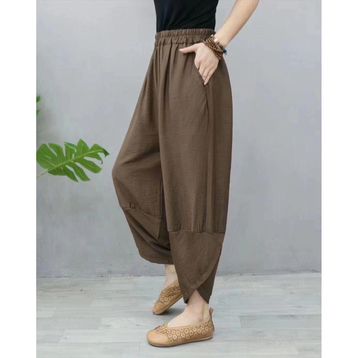 

Летние льняные и хлопковые шаровары для женщин, свободные повседневные брюки-карго с манжетами до щиколотки, с семью точками M темно-коричневого