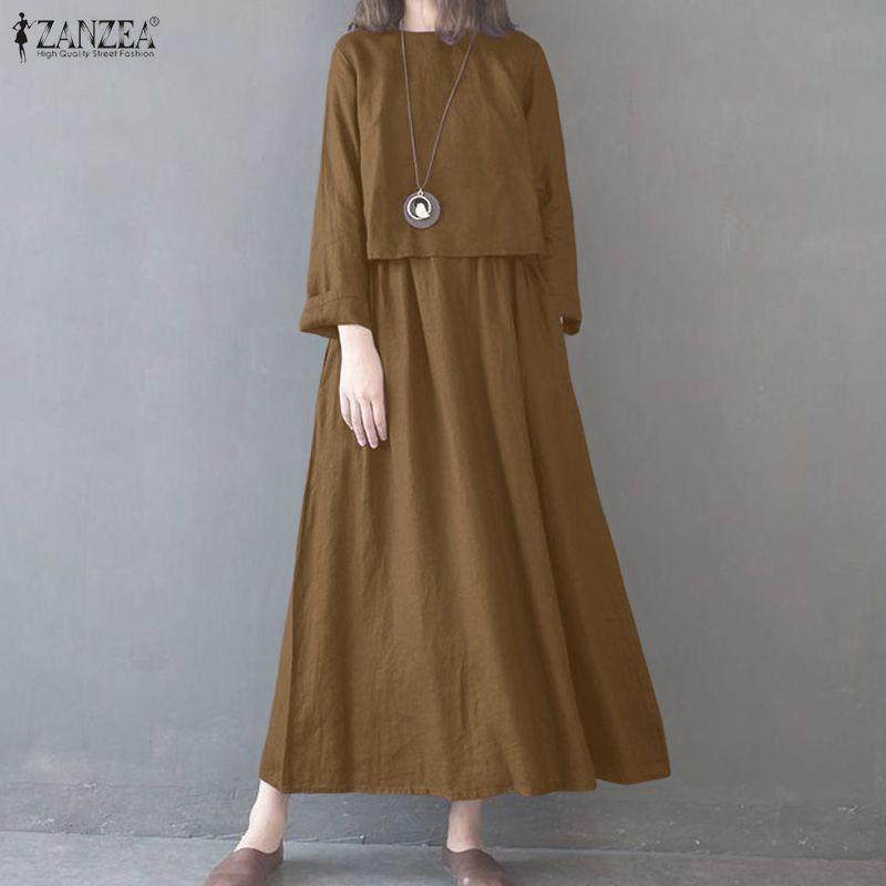 ZANZEA Lässiges, lockeres Langarmkleid mit Rundhalsausschnitt für Damen