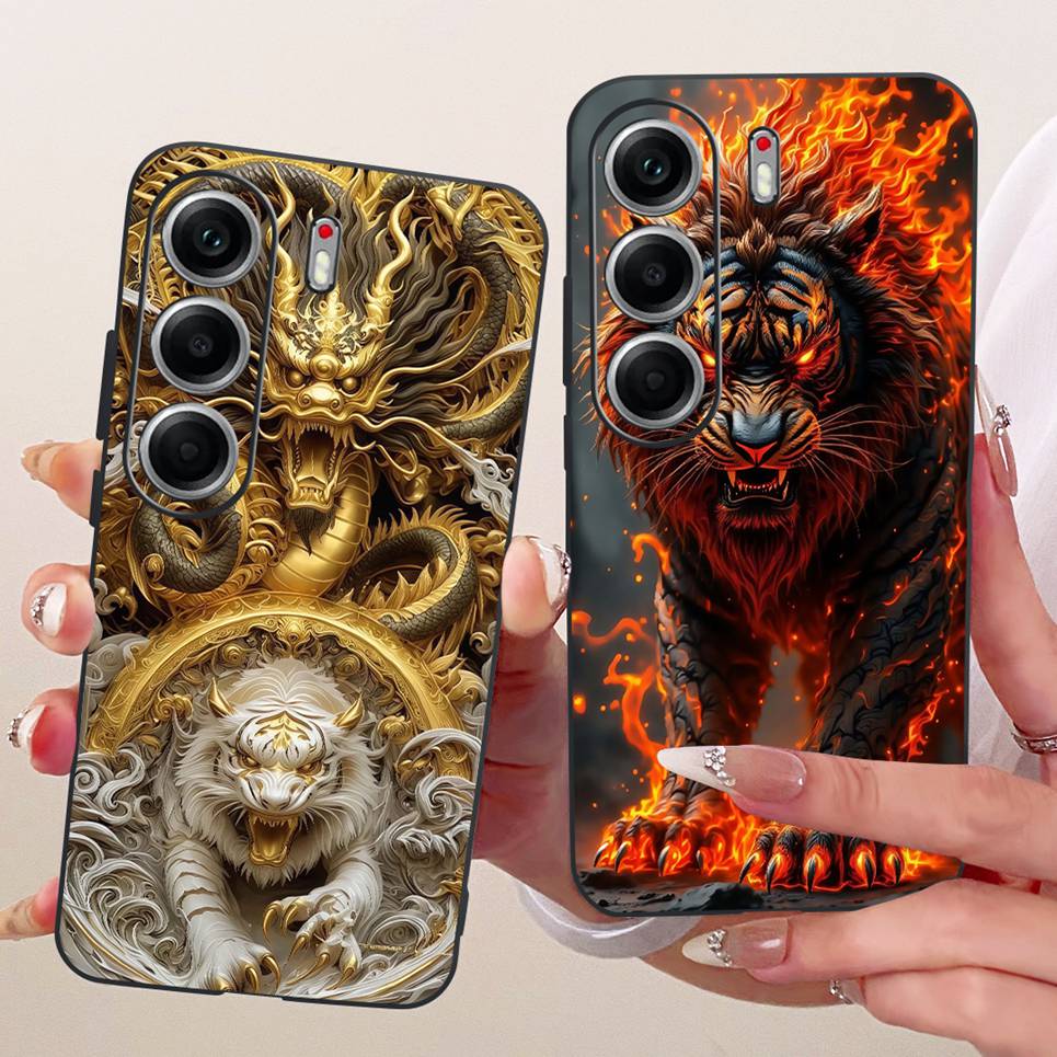 Hülle für Tecno Camon 40 Pro CM7 CM6 Handyhüllen für Camon 40 4G CM5 Niedliche Cartoon-Tiere Cooler Drache Löwe Weiches TPU Schwarze Abdeckung