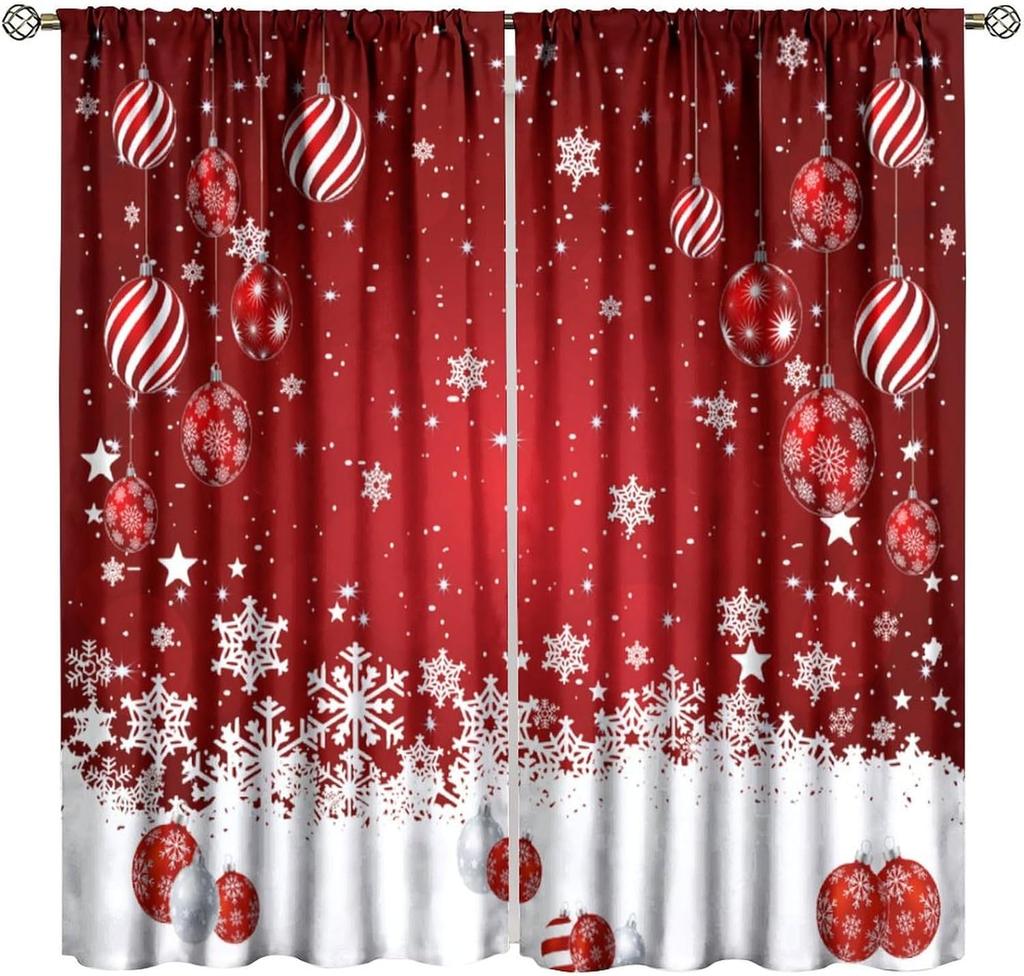 Merry Christmas Winter Snowman Curtain Xmas Tree Snowflake Holiday Curtains Bedroom Living Room Bathroom Red Polyester Sitting Window Treatment