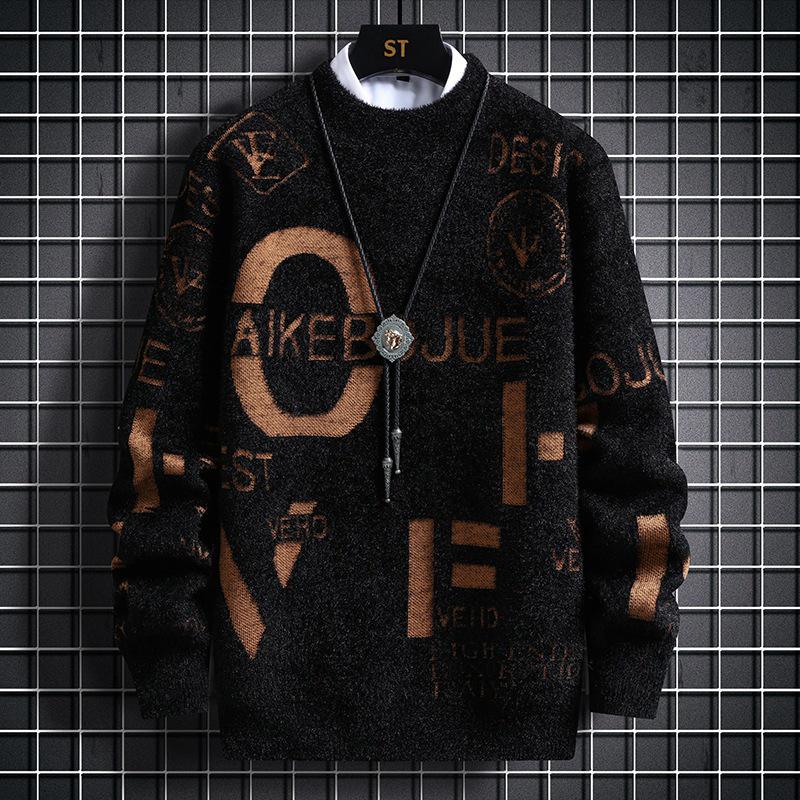 Men's Half-High Collar Knit Sweater - Velvet-Lined, Warm Woolen Autumn/Winter Wear, Youthful Lazy Style