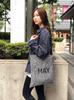Hey Black Dotted Tote Bag with English Tag. Authentic Cotton Bag with Dot Pattern. Unisex. Suitable for Men and Women.
