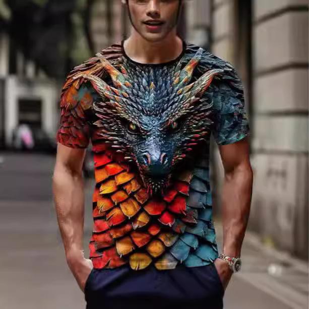 Summer Round Neck 3D Dragon Print Top Fashionable Casual Short Sleeved Men's T-shirts