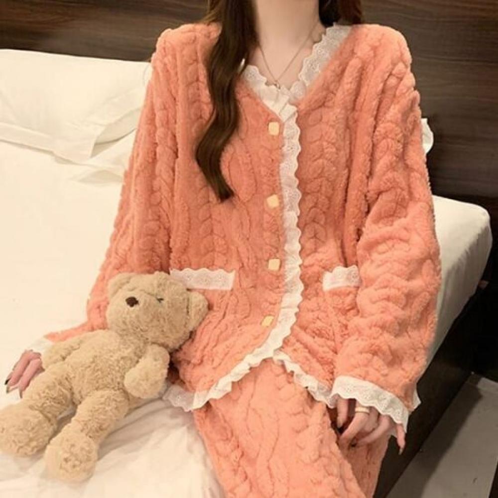 Navava Women Cozy Lace Wool Pajamas Long Sleeve Two Piece Set Nt2036