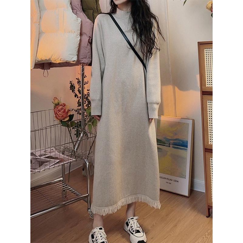 Large Size Fringed Design Over Knee Primer Sweater Skirt Autumn and Winter Knitted Dress Women