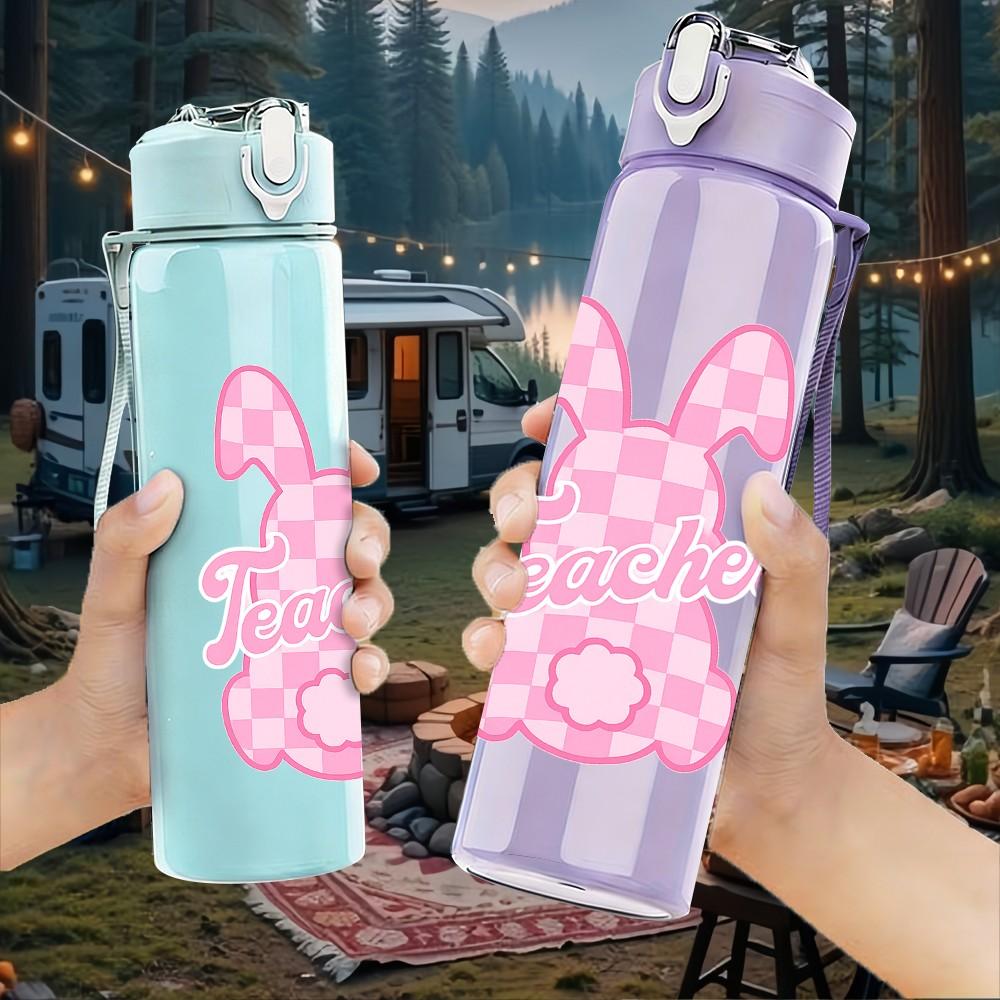 1PC Bunny Rabbit Pink Easter Line Art Print 750ml Color Plastic Sports Water Bottle Leakproof Flip Straw Lid Suitable for Sports Office Home Use