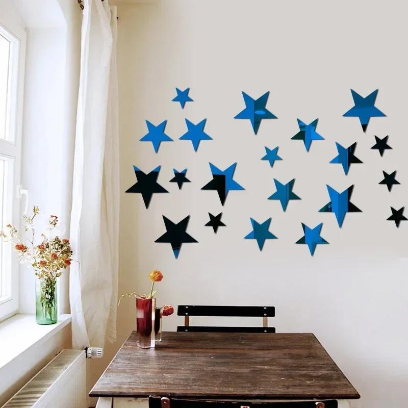 Home 20pcs Star Mirror Wall Sticker Large Medium and Small Combination Acrylic Mirror Wall Sticker Living Room Wall Decorations