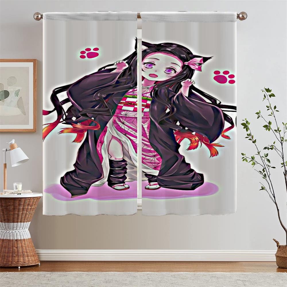 Nezuko Kamado Curtain Window Curtains for Living Room Decoration Curls Tulle In Kitchen Curtains 2 Pieces Window Blinds Blackout