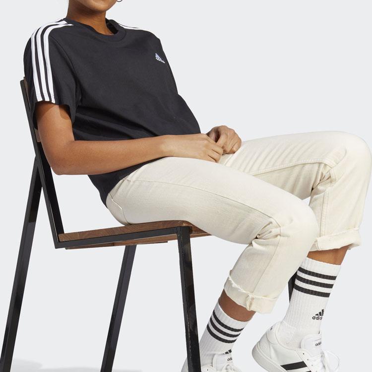 Adidas Striped Print Crew Neck Short Sleeve T-Shirt Women Tops Black HR4913