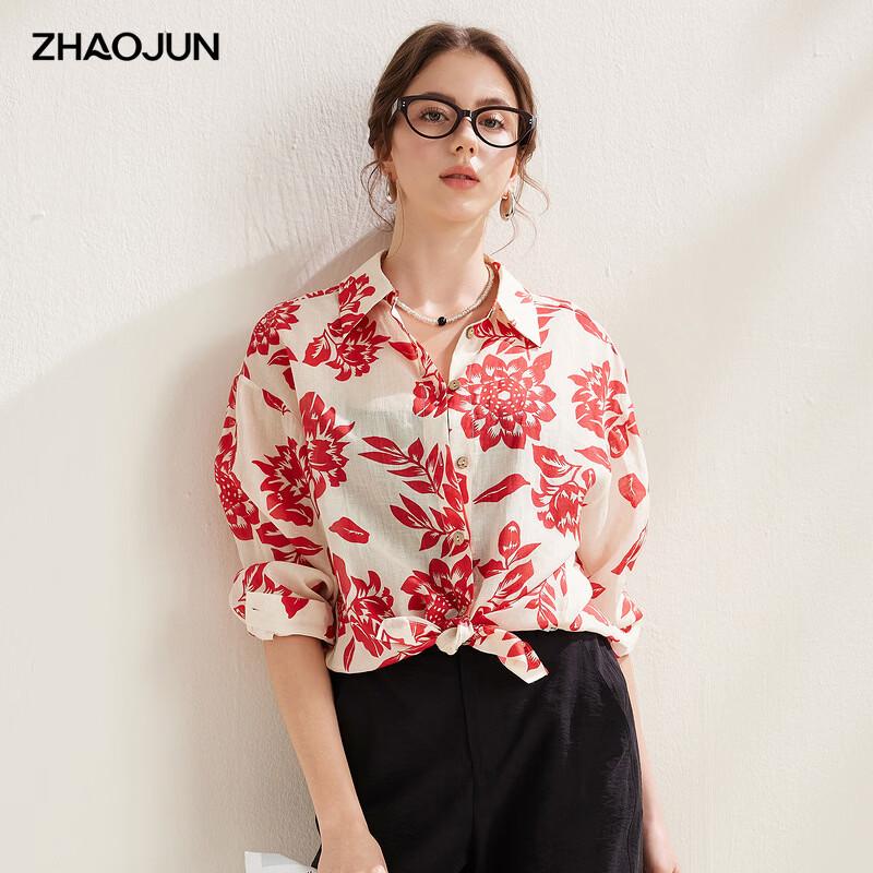 Zhaojun Women's Floral Ramie Long Sleeve Resort Blouse
