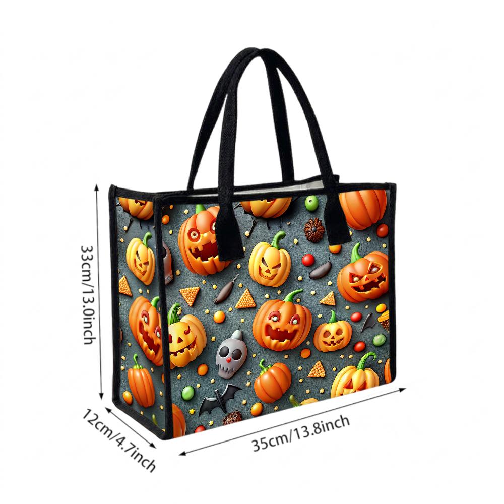 Halloween Pumpkin Print Tote Bag Funny Spooky Festival Handbag Portable Large Capacity Casual Carry Bag