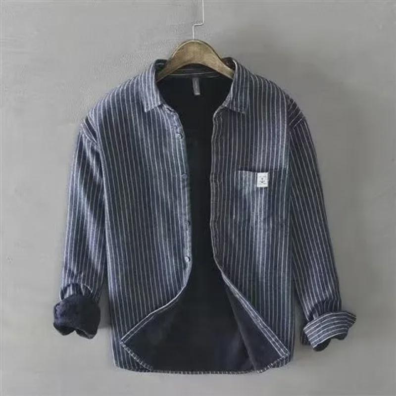 Men's Autumn & Winter Striped Velvet Lapel Cardigan Shirt Jacket