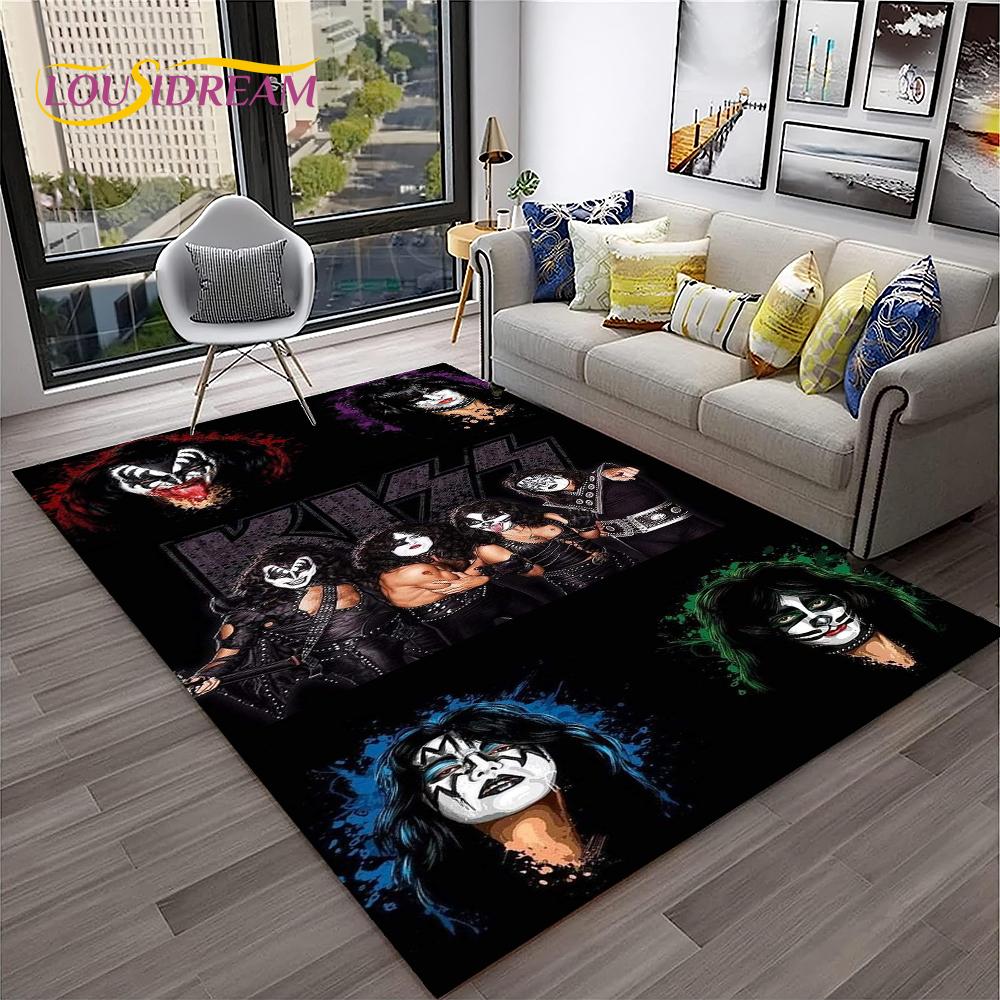 Retro Koberec KISS Rocková Kapela pro Domácí Obývací Pokoj Ložnici Hernu Pohovku Kuchyňskou Rohožku Dekor, Dětský Koberec Protiskluzová Podložka na Podlahu
