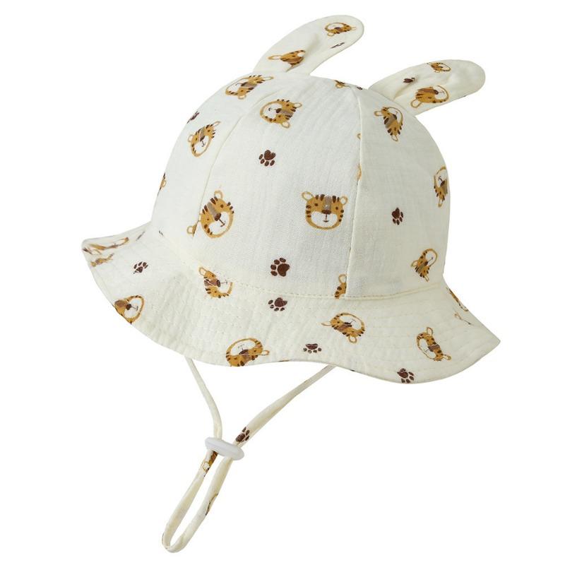 New Baby Gauze Basin Hat Baby Pleated Printed Bucket Hat Rabbit Ear Sun Hat 3-12M