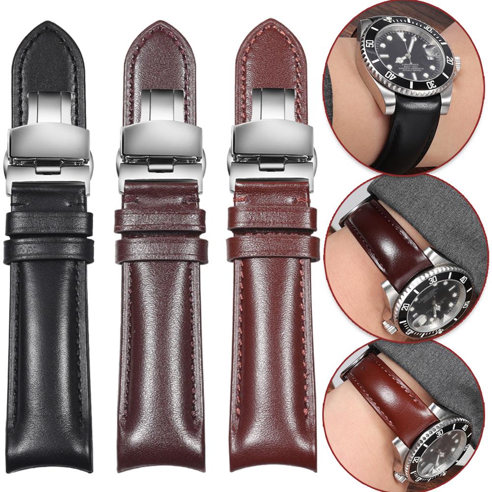 20mm For Any Brand Curved Arc Leather Watch Strap Genuine Cowhide Men Watchband For Rolex Gmt IWC Omega MIDO Citizen Bracelet