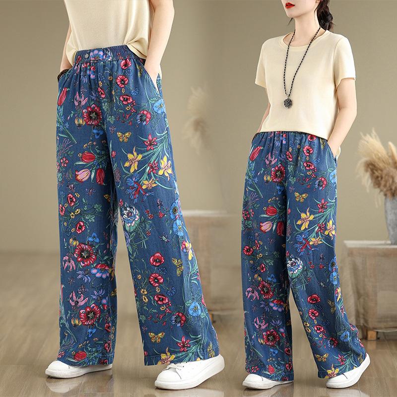 Flower Print Loose Straight Pants Female Autumn High Waist Loose Denim Trousers for Women Casual All Match Jeans