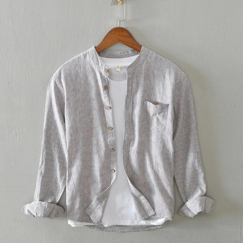 

Весенние и летние рубашки для мужчин, повседневные хлопковые и льняные дышащие мужские рубашки с воротником-стойкой, полосатая рубашка с длинными рукавами, универсальные повседневные топы XXXL кофейный