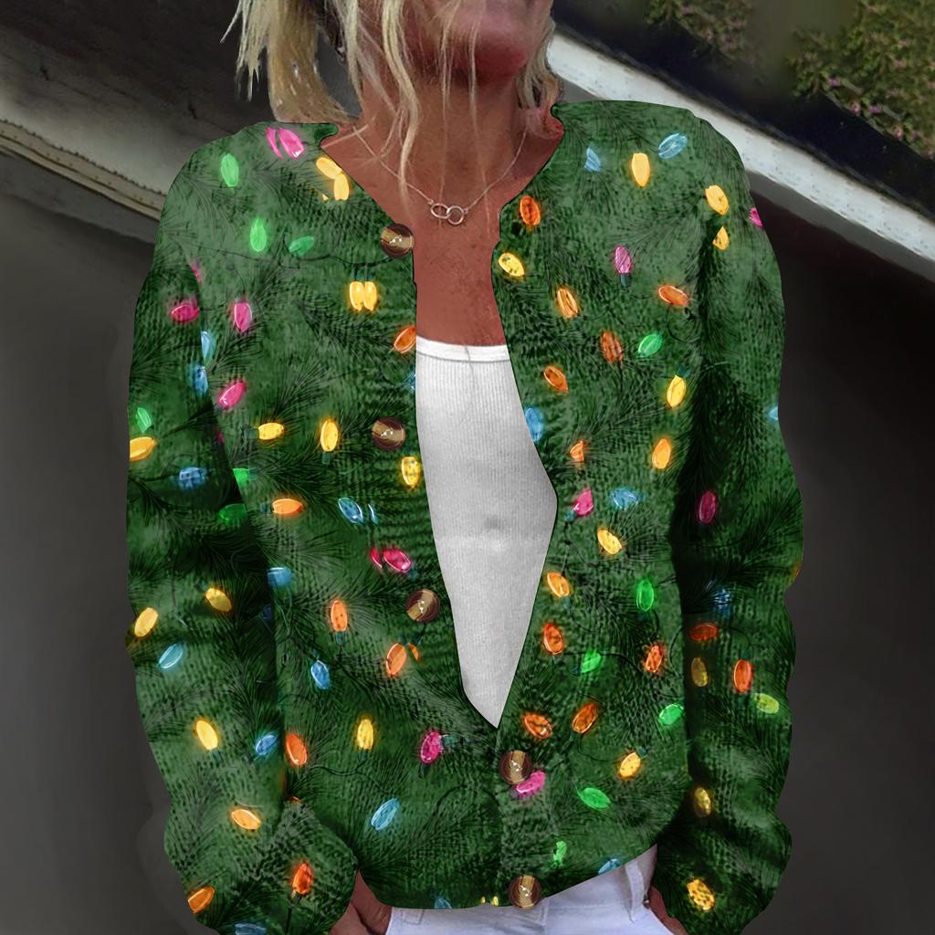 Women's Fashion Christmas Printed Long Sleeve Knitted Cardigan Button Down Jacket