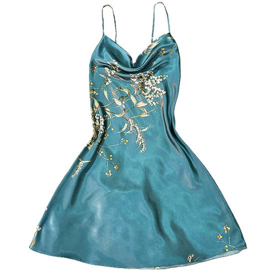 

Летняя женская ночная рубашка с V-образным вырезом, шелковистая атласная, без рукавов, с принтом, на бретельках, с открытой спиной, мягкая XL зелёный