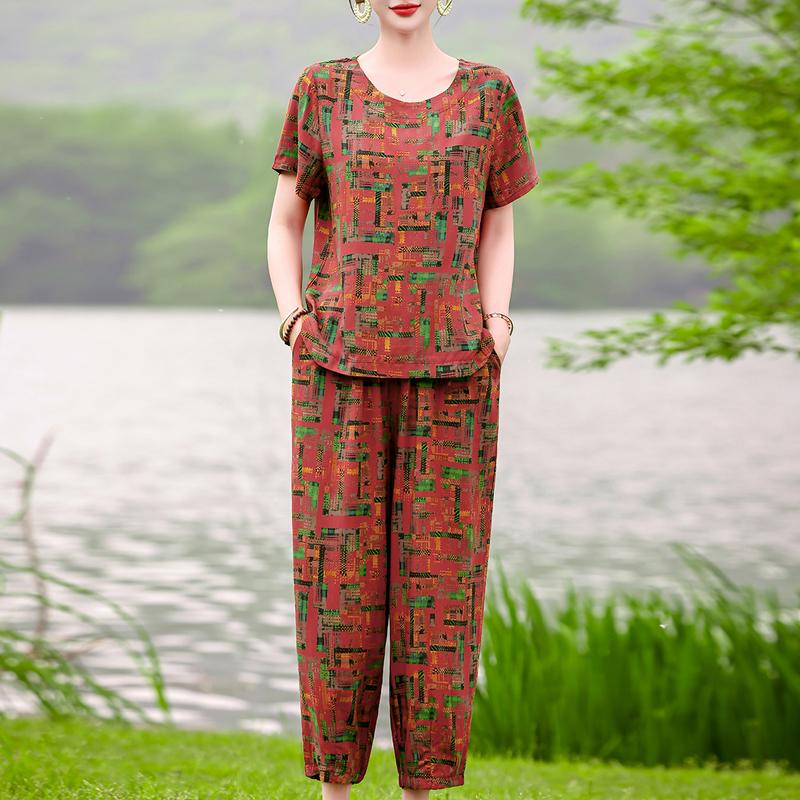 Women's Summer Printed 2-Piece Outfit, Plus Size Casual Short Sleeve Top & Pants Set (XL-5XL)