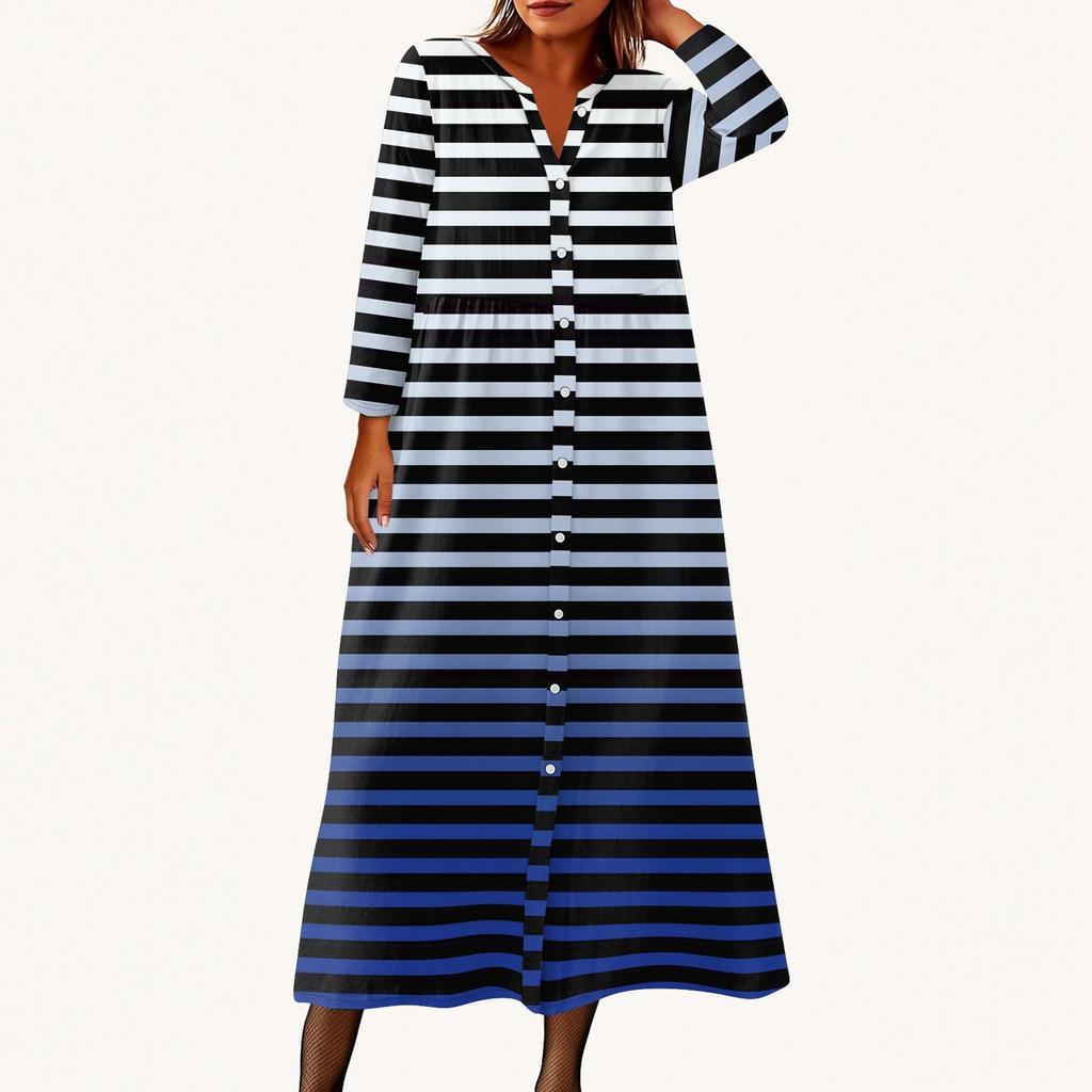 Damen Modisches Bedrucktes Rundhals Siebenviertelarm Knopf Lockeres Hemdkleid