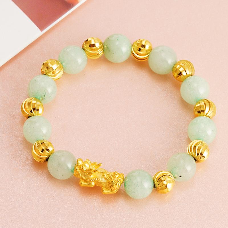 3D Hard Gold Pixiu Jade Bracelet Women's Brass Gold-plated Natural Stone Bracelet Birthday Gift