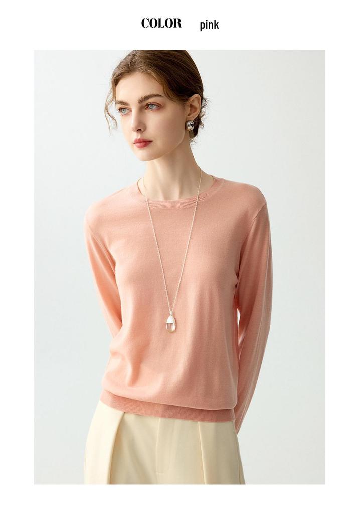 Women's Soft Skin-Friendly Pure Wool Round Neck Pullover Sweater – Gentle Style, Long Sleeve