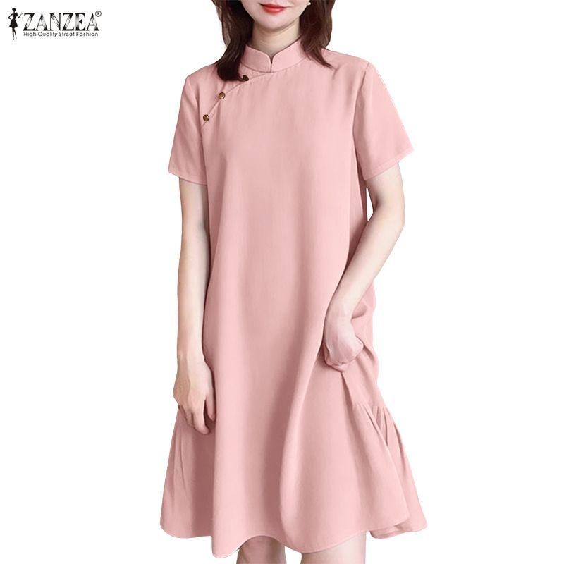 ZANZEA Damen Freizeit Stehkragen Sommer Kurzarm Kleid