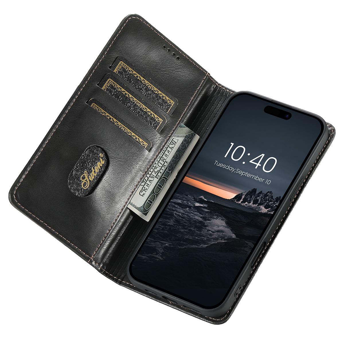 

SUTENI J02 Series for iPhone 16 Case Waxy Texture Leather Phone Cover with Magnetic Closure Black