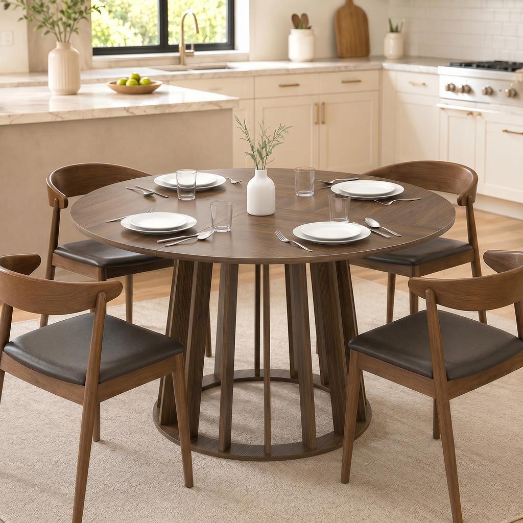 Dining Table for 4-6 People Modern Kitchen Table with Slatted Base 120 cm Round Light Walnut