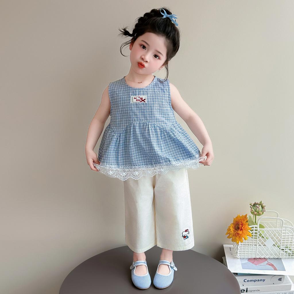 Girls' Plaid Lace Vest Set 2026 Summer New Item for Baby Girls Super Beautiful Thin Summer Two-piece Set Trendy