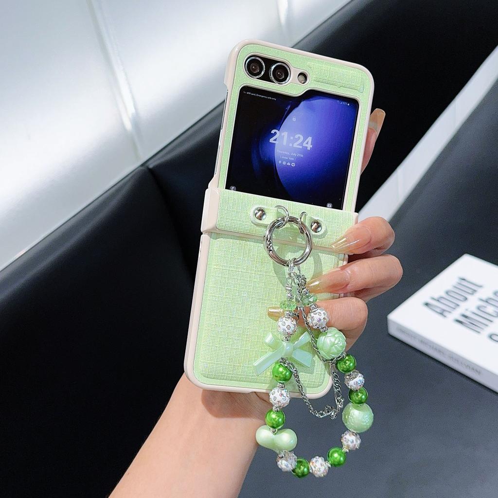 For Samsung Galaxy Z Flip7 FE 5G/Z Flip6 5G Case Hinge Protection Leather+PC Phone Cover with Beaded Strap