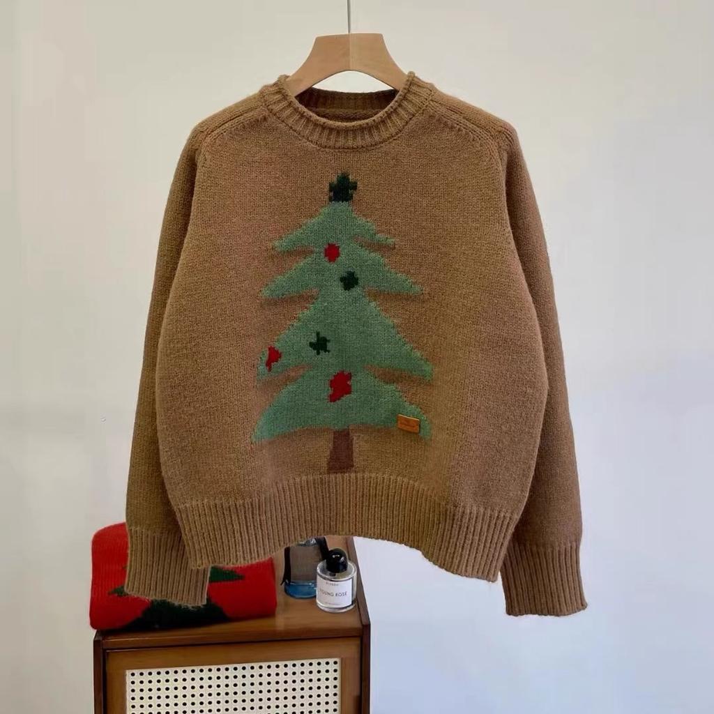 Autumn and Winter Sweet Atmosphere Knitted Sweater Fashion Retro Christmas Tree Jacquard Crew Neck Pullover Women Lazy