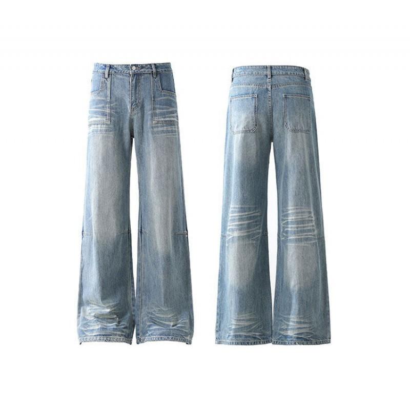 Wide Leg Distressed Washed Denim Pants Men Women Relaxed Straight Fit Cropped Tapered Jeans Cotton Blend Streetwear