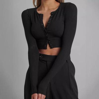 2023 Πλεκτή Ζακέτα Κοντή με Κουμπιά και Ριμπ Μανίκια - Φθινοπωρινή Ευρωπαϊκή & Αμερικανική Μόδα Γυναικείο Κοντό Τοπ