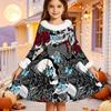 Kids Long Sleeve Christmas Dress, Halloween Print Faux Fur Collar Bow Decor Princess Dresses for Girl Holiday Party Wear