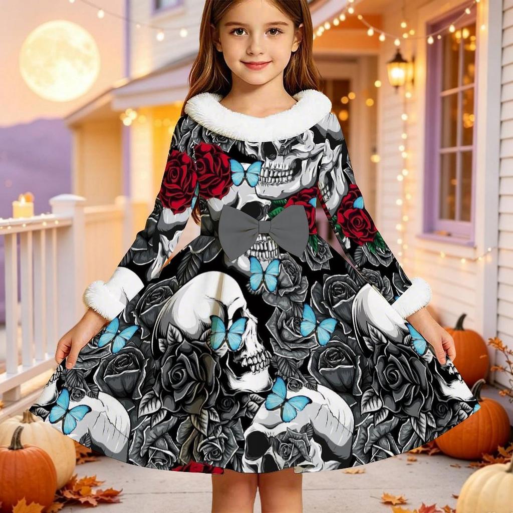 Kids Long Sleeve Christmas Dress, Halloween Print Faux Fur Collar Bow Decor Princess Dresses for Girl Holiday Party Wear