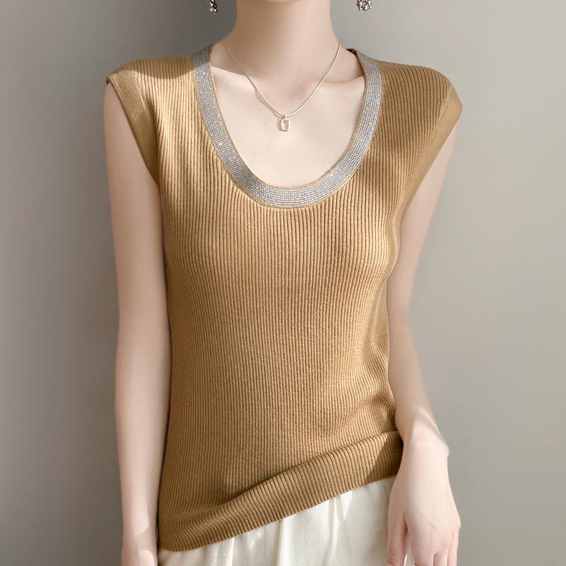 

Women s Slim Fit Collar Knit Vest - Rhinestone Summer Base Layer 2025 Large