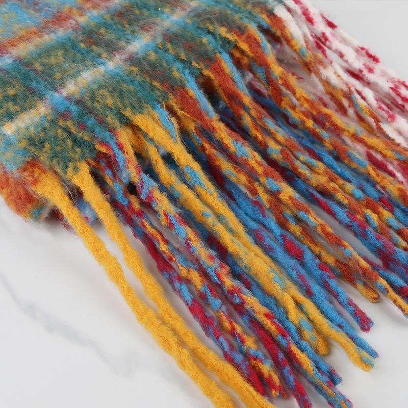 Circle Yarn Premium Sense Rainbow Plaid Scarf Women's Winter Imitation Cashmere Warm Fringed Scarf Long Korean Version Couple