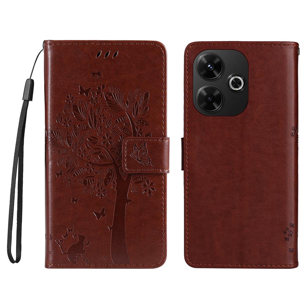 

For Xiaomi Redmi 13 5G/13 4G Phone Case with Stand Cat Tree Pattern Leather Wallet Mobile Cover Coffee