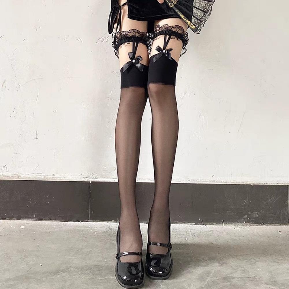 Thigh Socks Suspender Stockings Lace Knee Stockings Black Thin Lust Hottie Sexy Black Silk Bow