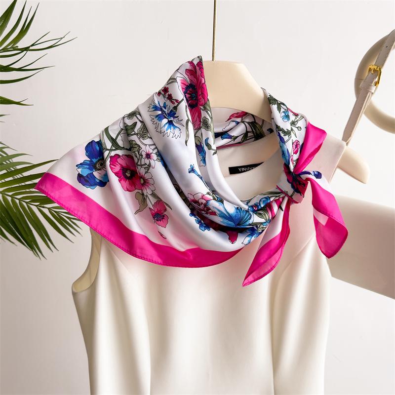 70Cm Small Square Scarf Imitation Silk Scarf Headscarf Spring And Summer Plant Flower Print Scarf Scarf Professional Scarf Female New